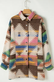 Southwestern print shirt jacket in beige with button front and collar.