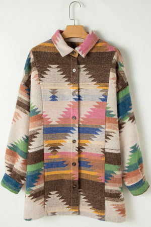 Southwestern print shirt jacket in beige with button front and collar.