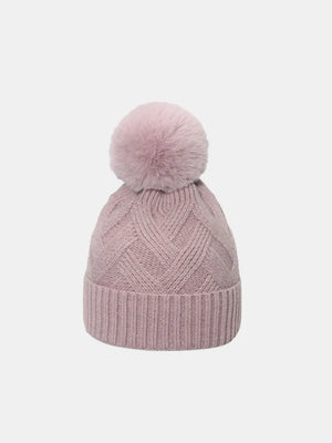 Dusty Pink cable knit beanie with pompom and ribbed cuff
