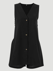 Black linen co-ord set with V-neck, button front, and cut-out back detail.