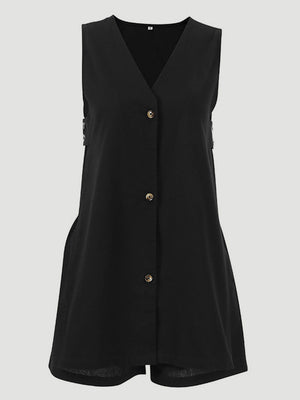 Black linen co-ord set with V-neck, button front, and cut-out back detail.