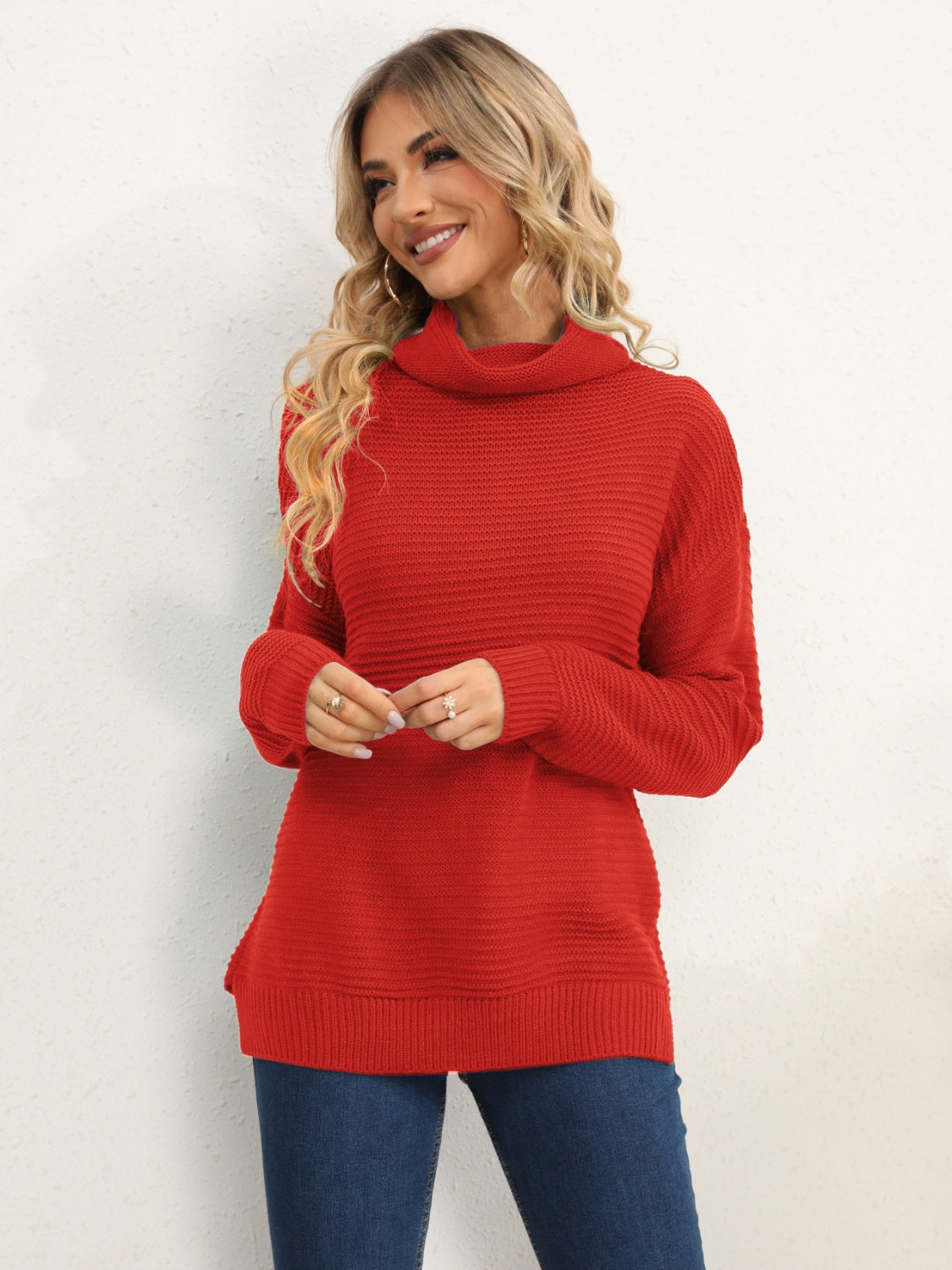 Textured knit oversized turtleneck pullover in Deep Red with a relaxed fit.