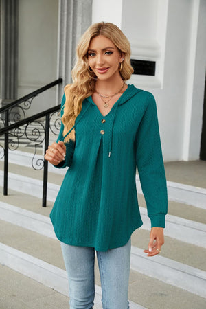 Teal textured henley hooded tunic with drawstring and button detail
