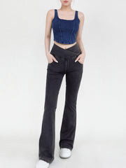 Charcoal crossover waist flare jeans with a v-shaped front detail.