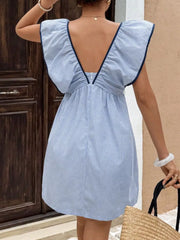 Blue striped mini dress with ruffled sleeves and a V-neckline.