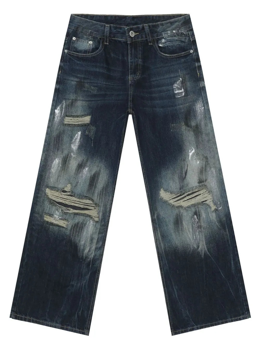 Oversized wide leg jeans in dark distressed denim with ripped details.