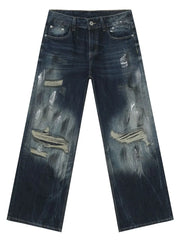 Oversized wide leg jeans in dark distressed denim with ripped details.