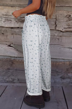 Floral Print Elastic Waist Regular Fit Pants in Light Gray, side view