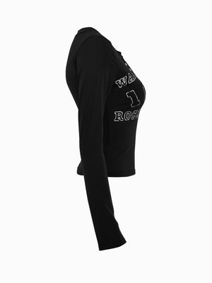Black long sleeve t-shirt with buttoned neckline and bold white letter graphic.