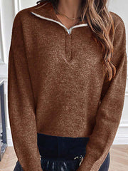 Chestnut acrylic zip-up knit sweater with contrast collar.