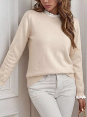 Elegant Lace Trim Round Neck Sweater in Apricot, back view