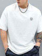 White oversized t-shirt with minimalist emblem detail on chest