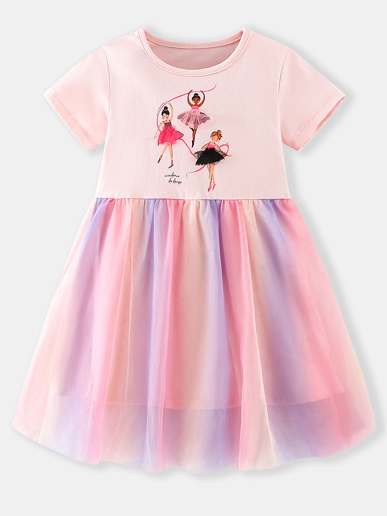 Ballerina graphic pink cotton dress with rainbow tulle skirt