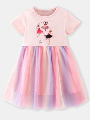 Ballerina graphic pink cotton dress with rainbow tulle skirt