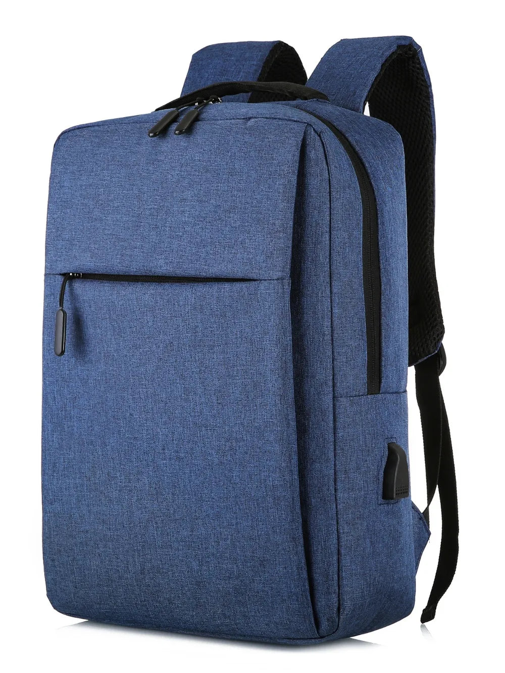 Dark blue canvas backpack with textured fabric and external USB port