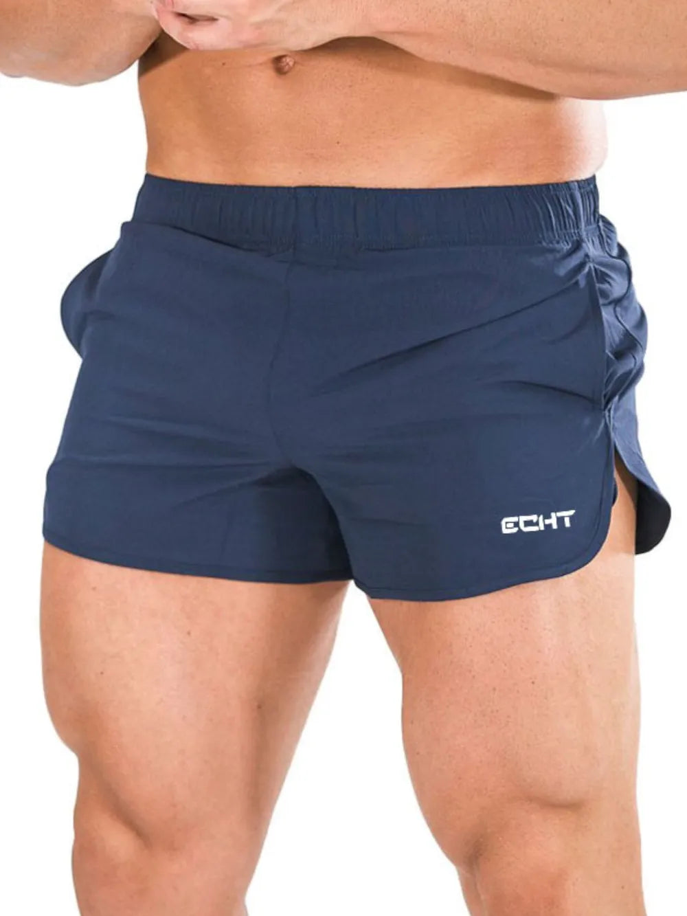 Navy athletic shorts with a quick-dry fabric and white logo detail.
