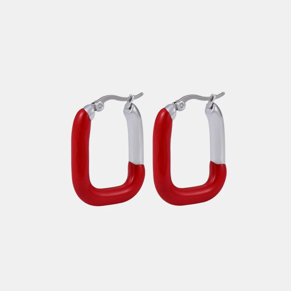 Red and silver two-tone enamel rectangle hoop earrings