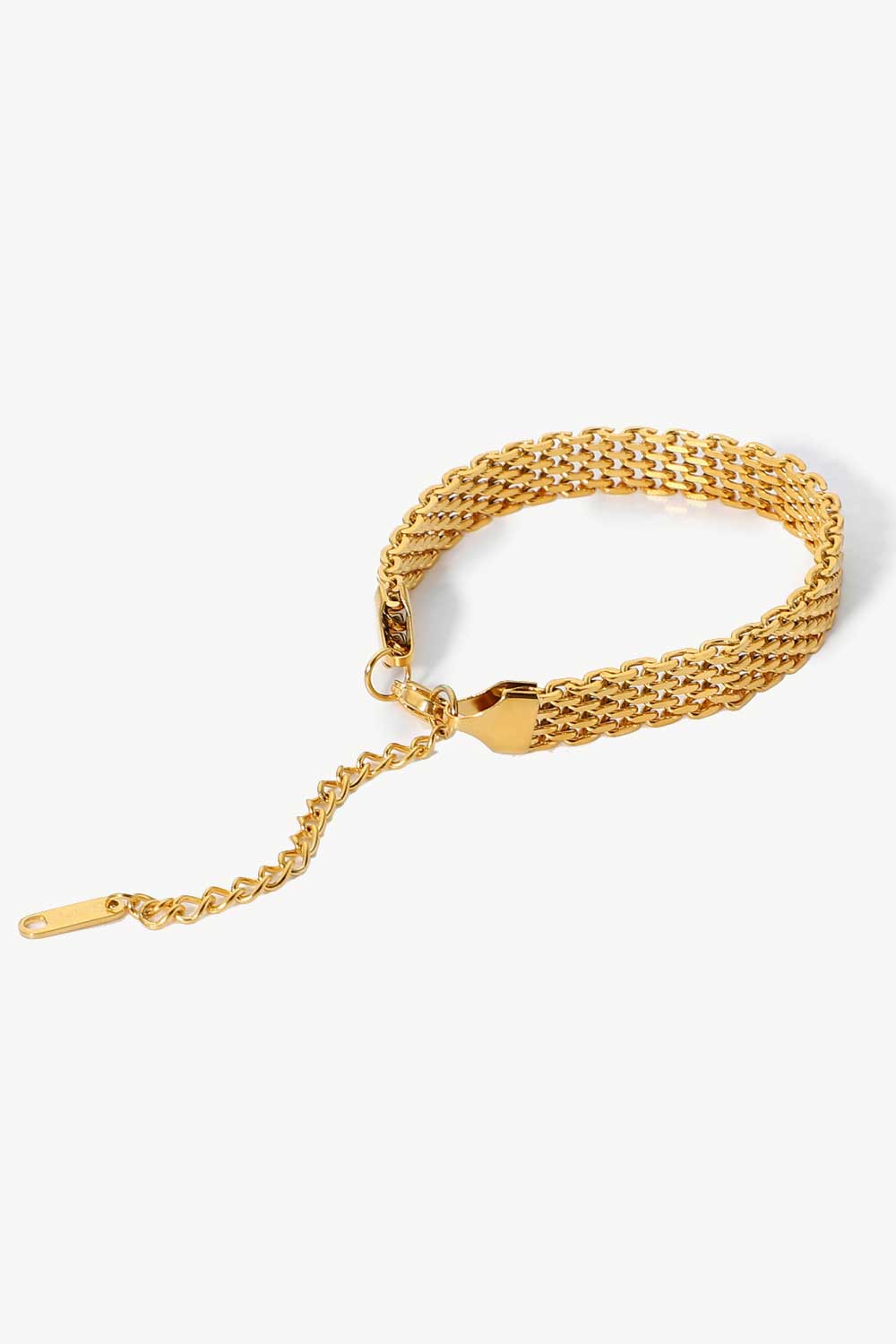 Gold woven chain bracelet with adjustable extender chain and clasp.