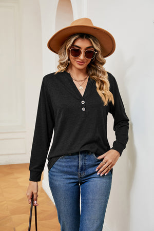 Black long sleeve Henley top with button detail and v-neck