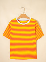 Striped round-neck cotton t-shirt in tangerine with a white neckline trim.