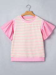 Ruffled short-sleeve blouse with pink and cream horizontal stripes and solid pink sleeves.