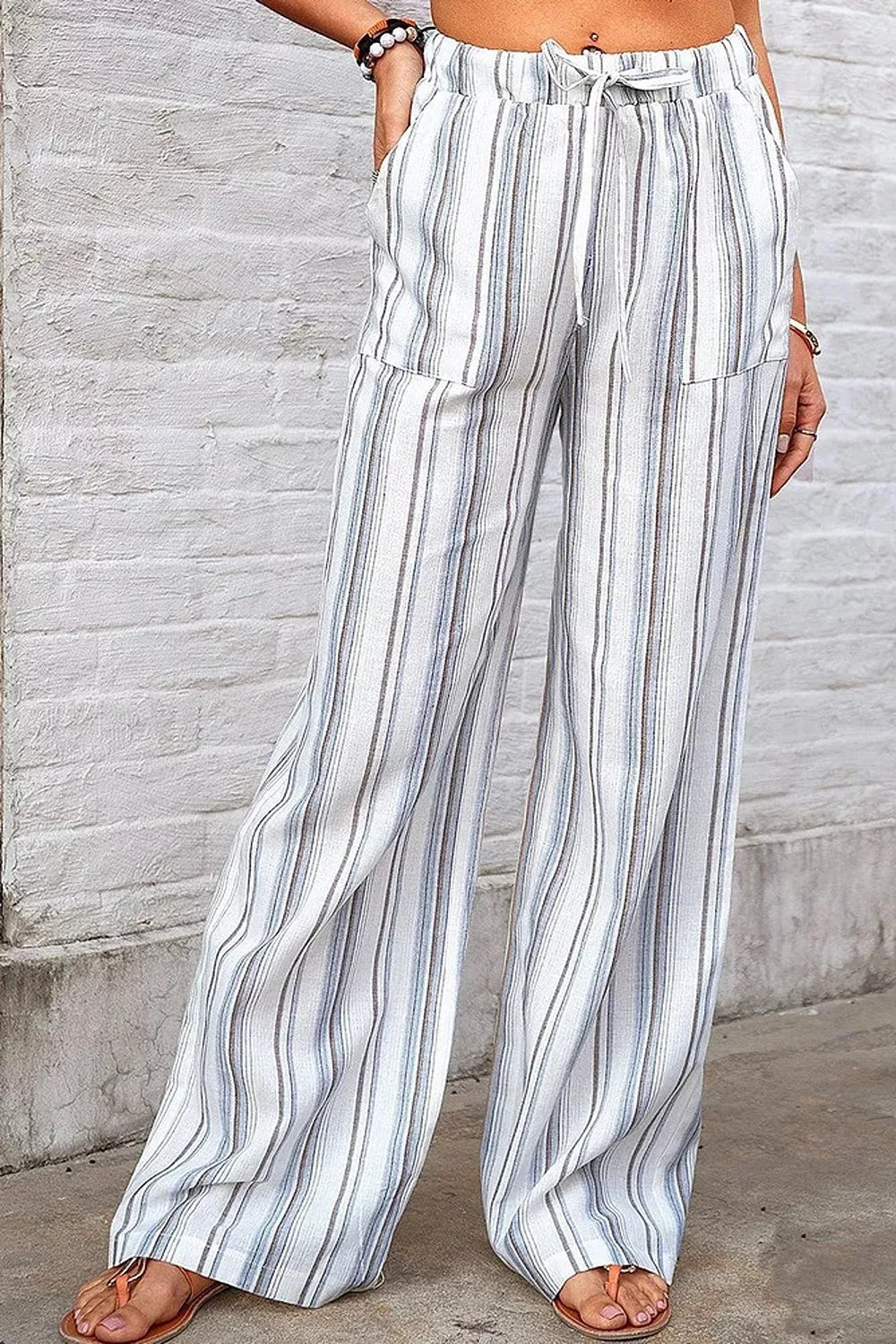 Full Size Striped Wide-leg Pants Plus Size in Dusty Pink, fabric detail