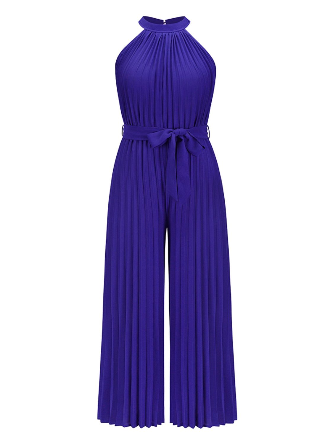 Halter neckline pleated palazzo jumpsuit in royal blue with tie waist