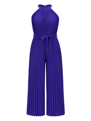 Halter neckline pleated palazzo jumpsuit in royal blue with tie waist