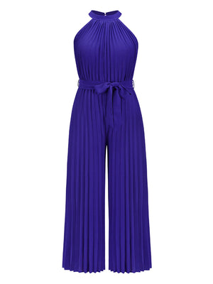 Halter neckline pleated palazzo jumpsuit in royal blue with tie waist