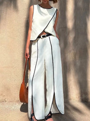 Sleek Contrast Trim Top And Wide-leg Pants Set