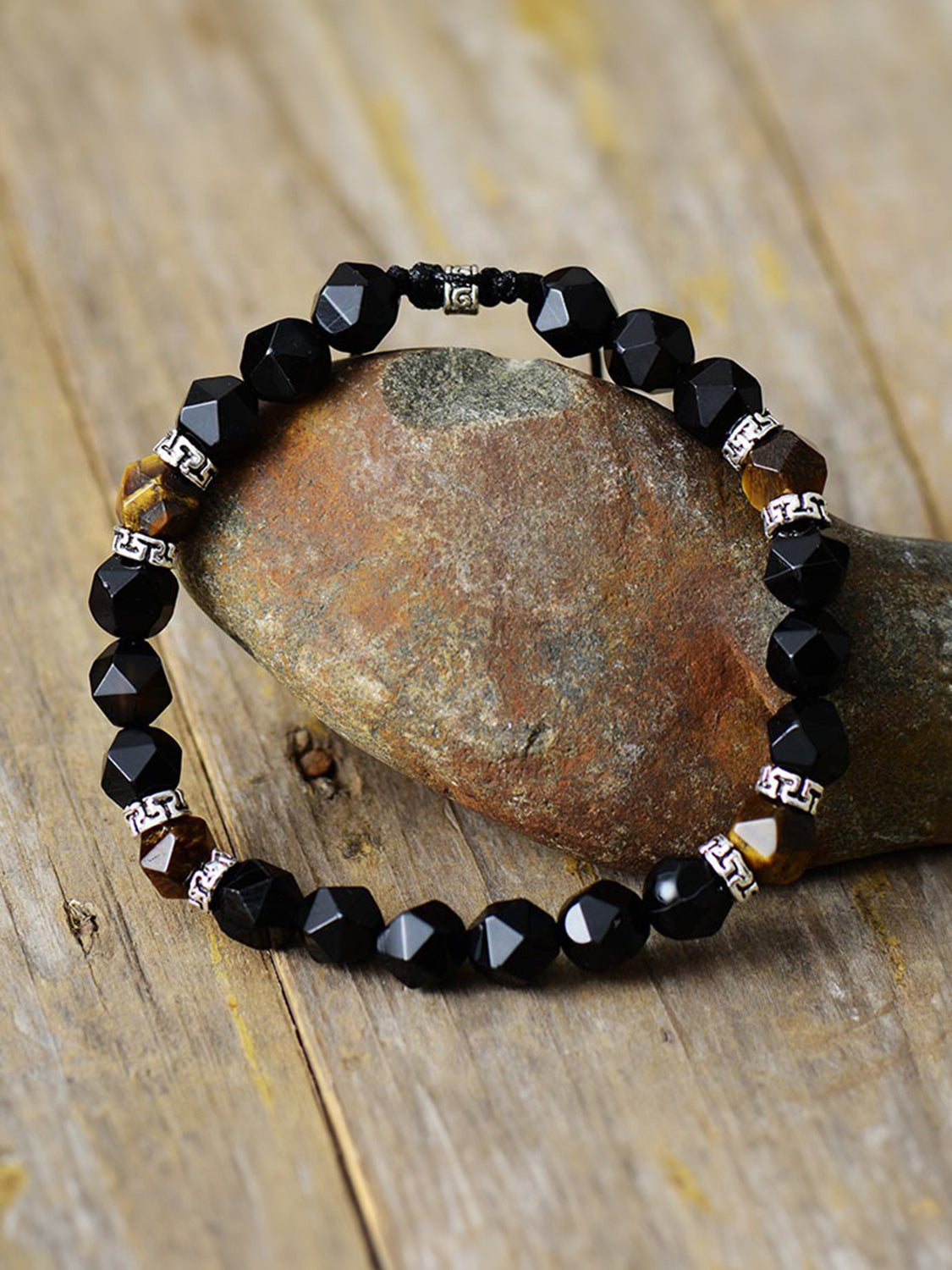 Black and caramel agate bead bracelet with silver accents, adjustable