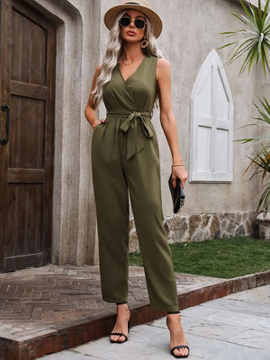 Sleeveless army green wrap-front wide-leg jumpsuit with tie waist.