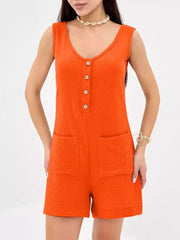 Orange crinkled cotton sleeveless button-down romper with pockets