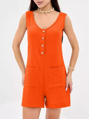 Orange crinkled cotton sleeveless button-down romper with pockets