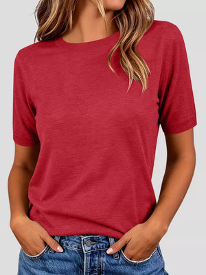 Classic Crew Neck Short Sleeve Knit Top in Dark Brown, alternate angle