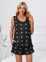 Black heart print loungewear set with ruffle hem shorts and sleeveless top