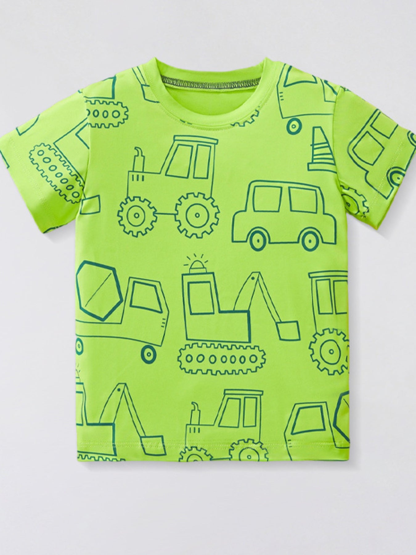 Toddler crew neck t-shirt in neon green with an all-over construction vehicle outline print.