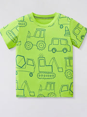Toddler crew neck t-shirt in neon green with an all-over construction vehicle outline print.