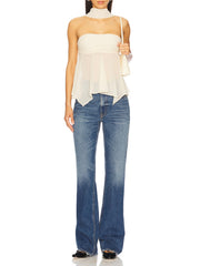White sheer asymmetrical top with elegant scarf neckline and draped hem.