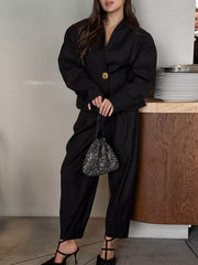 Puffy Sleeve Blazer And Wide-leg Pants Set in Black, side view