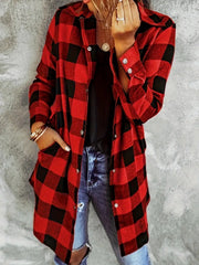 Oversized red and black buffalo check shirt jacket with button front and pockets.