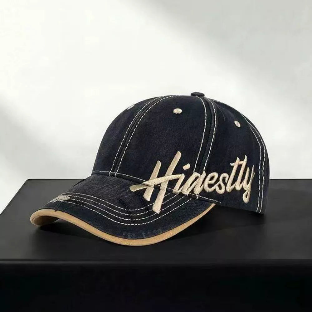 Navy cotton baseball cap with "Honestly" embroidery and contrast stitching