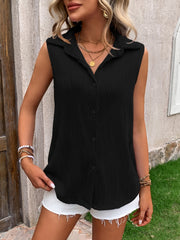 Black textured wave-pleat collared sleeveless blouse with button front