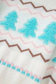 White acrylic knit sweater with textured tree motifs and chevron patterns.