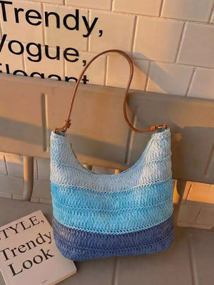 Straw Woven Shoulder Bag in Blue, close-up detail