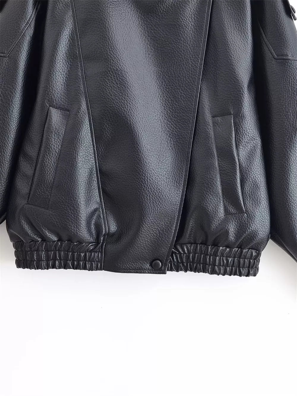 Asymmetrical Faux Leather Moto Jacket in Black, close-up detail