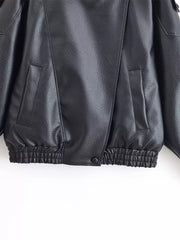 Asymmetrical Faux Leather Moto Jacket in Black, close-up detail