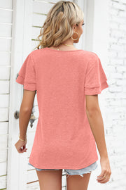 Flutter sleeve henley tee in watermelon pink with layered sleeves.