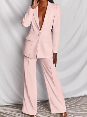 One Button Blazer And Wide-leg Pants Set Plus Size in Brown, front view