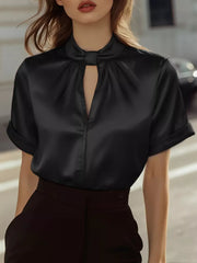 Black satin blouse with twisted keyhole neckline and short sleeves